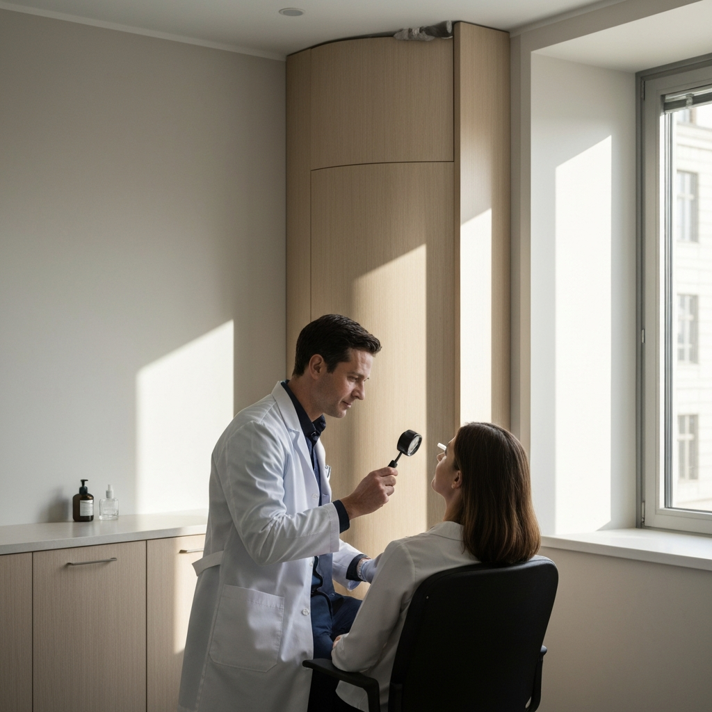 A dermatologist's office. The doctor, in a clean white coat, is examining a patient's face with a magnifying glass. Soft, natural light streams in from a nearby window, highlighting the professional environment.