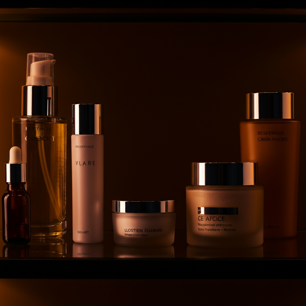 A clean and well-organized bathroom shelf with various skincare products. Soft, ambient light illuminates the bottles and jars, creating a sense of tranquility and self-care.