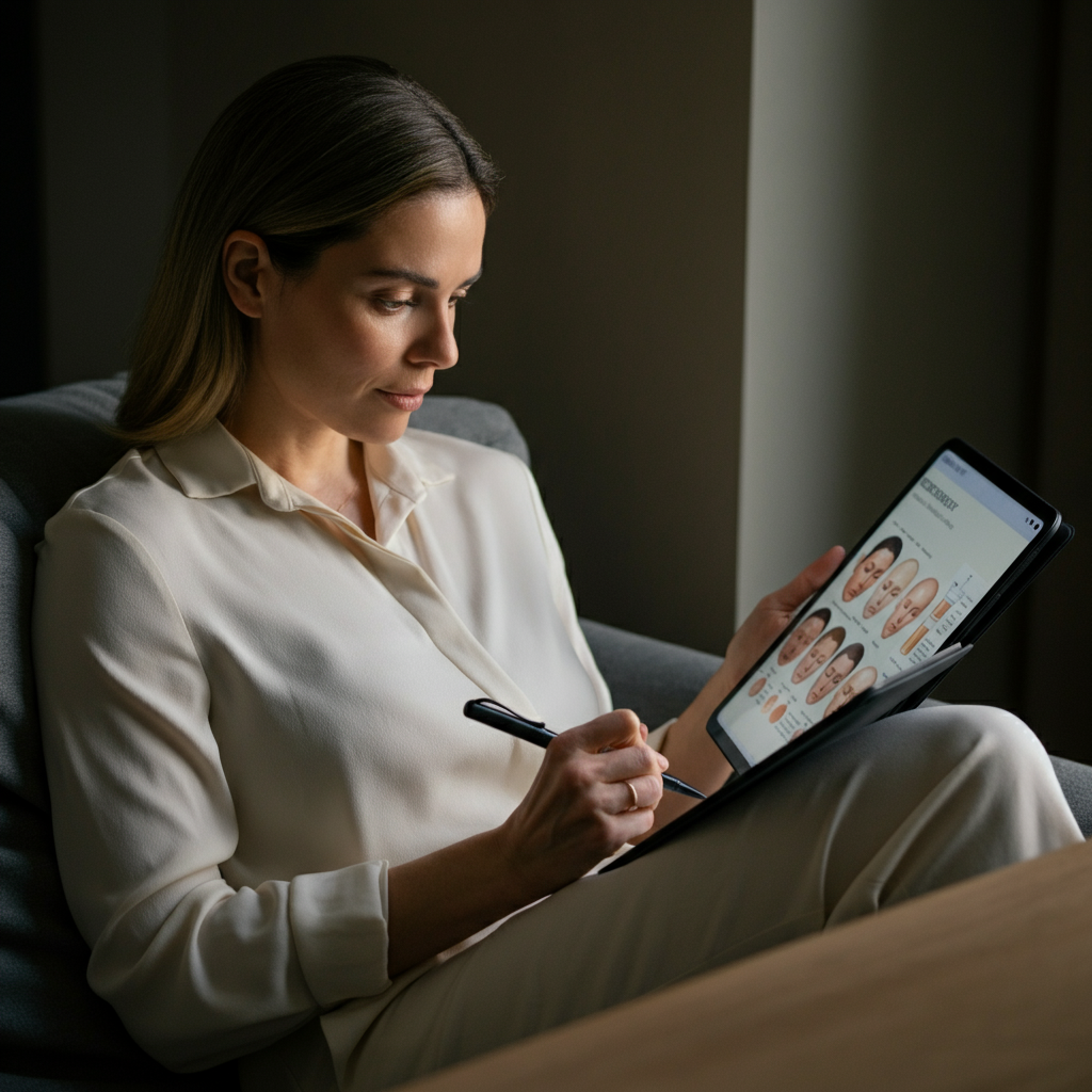 A woman consulting a skincare chart that shows different facial areas linked to specific body systems. She is relaxed and engaged, taking notes on a tablet. The lighting is natural and balanced.