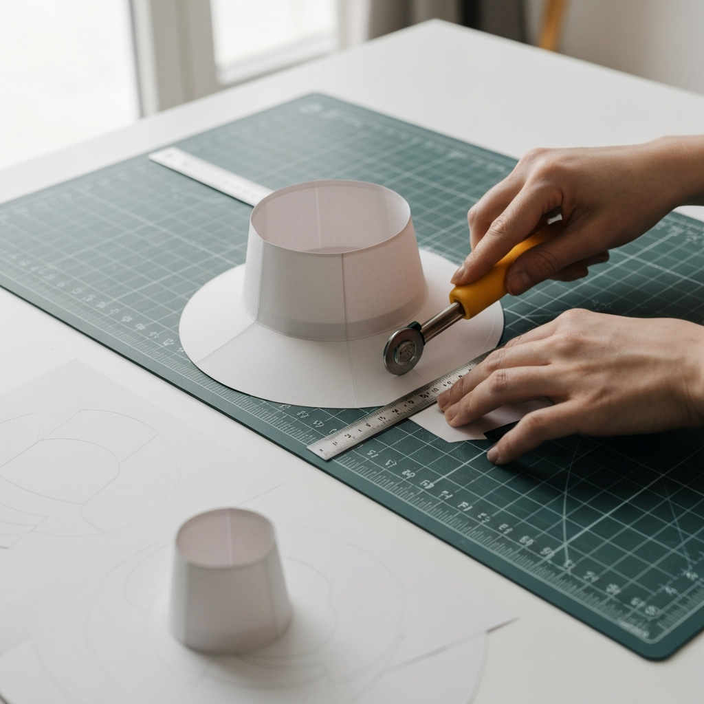 Hands carefully cutting out paper bucket hat templates on a cutting mat. A rotary cutter is used for precision, and a ruler guides the cut. The scene is brightly lit, showcasing the sharp edges of the paper and the texture of the cutting mat.
