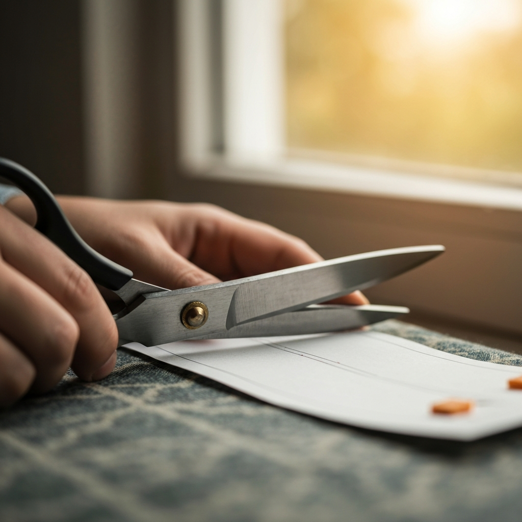 Close-up of fabric scissors cutting along the edge of a paper template pinned to a piece of patterned fabric. The focus is on the sharp blades and the clean cut through the fabric. Natural light from a nearby window illuminates the scene.