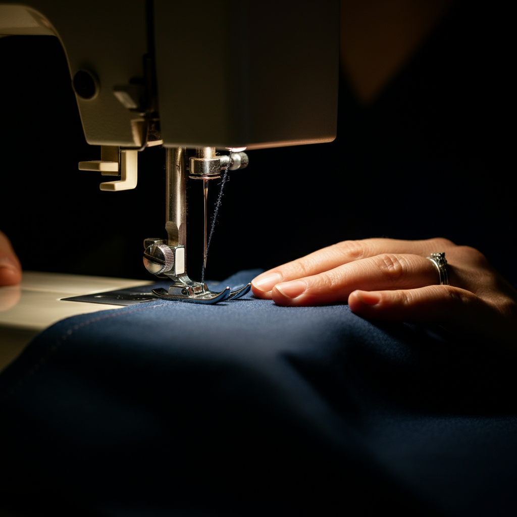A sewing machine stitching two pieces of fabric together. The needle is visible as it pierces the fabric, and the thread is taut. Soft focus on the background, highlighting the machine and the fabric.