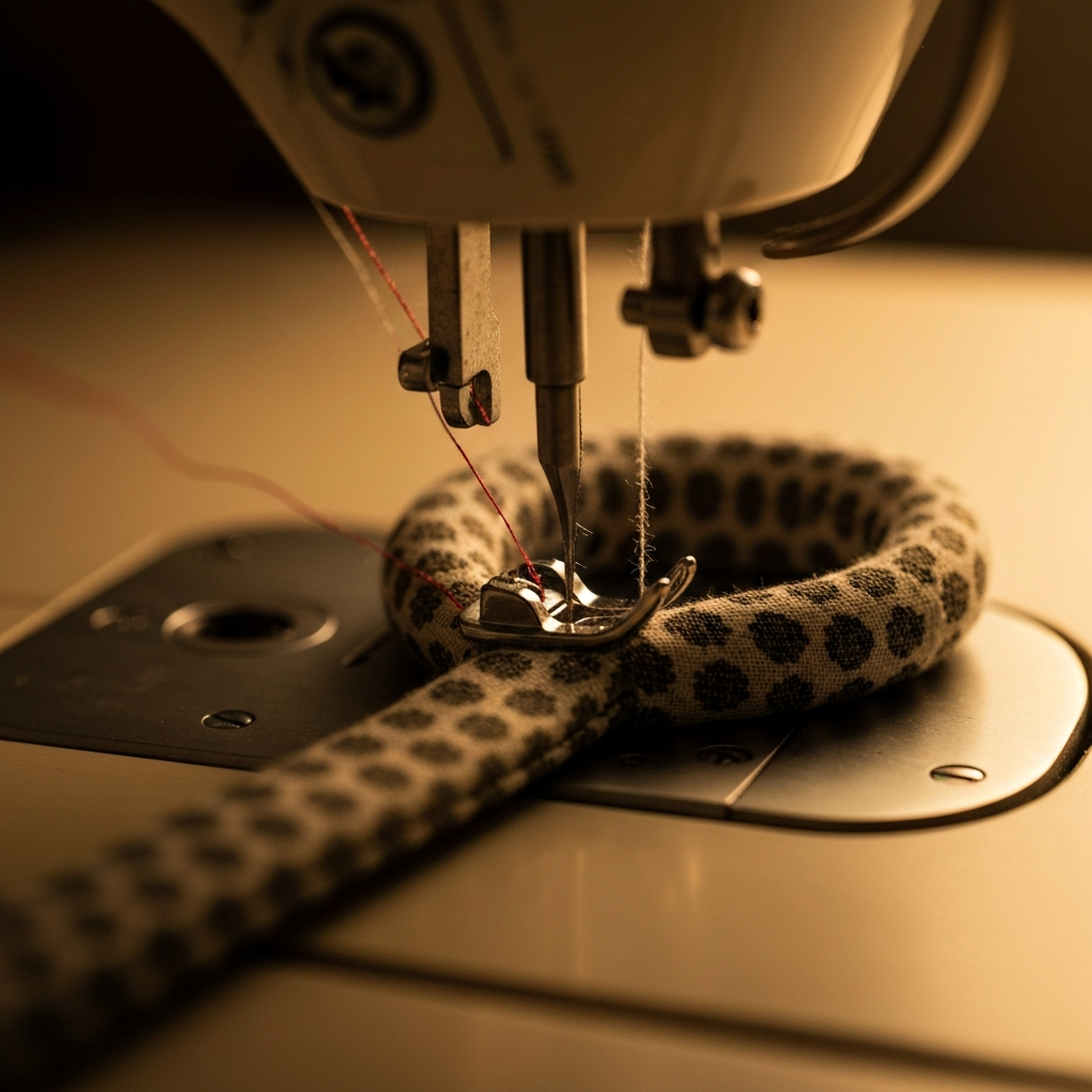 A close-up of a sewing machine needle stitching the ends of a piece of fabric together to form a ring. The fabric is patterned, and the thread color complements the design. The background is blurred, drawing attention to the stitching process.