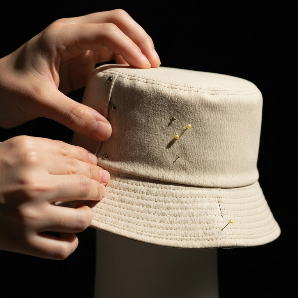 The brim of a bucket hat being attached to the side and top pieces with pins. The fabric is carefully aligned, and the pins are evenly spaced. Natural light bathes the scene, highlighting the textures of the fabric and the metallic pins.