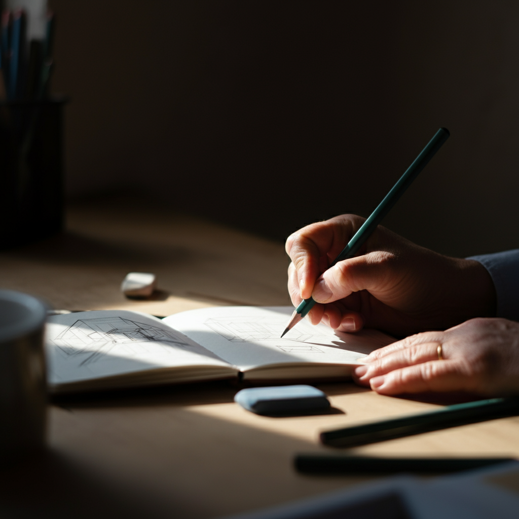Close-up shot of two hands sketching design ideas in a notebook. Soft, natural light filters through a nearby window, illuminating the paper. Pencils and erasers are scattered around.