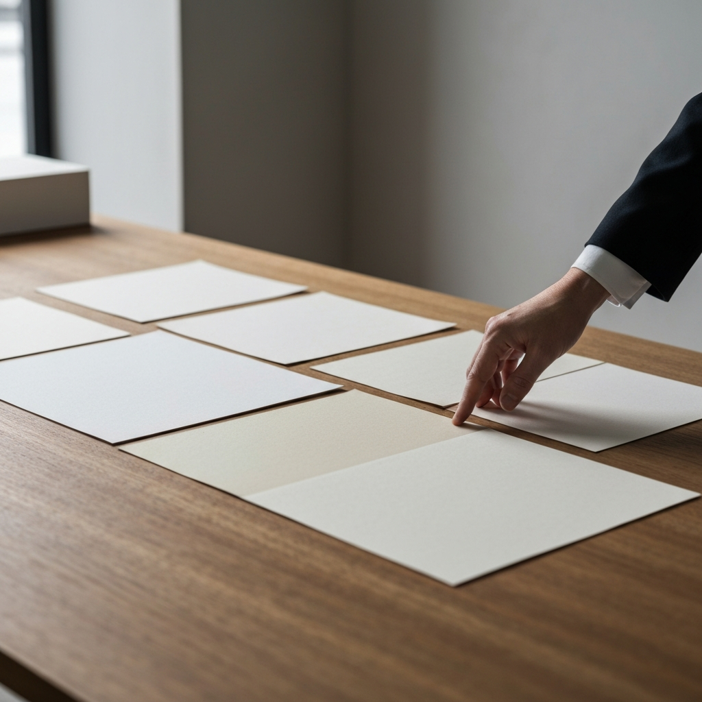A selection of paper samples laid out on a wooden table. Each sample has a unique texture and color. A hand reaches out to touch one of the samples, feeling its texture. Soft, diffused lighting highlights the paper's details.