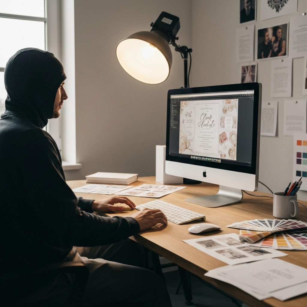 A graphic designer working on a computer, surrounded by design mockups and color swatches. The computer screen displays a wedding invitation design in progress. The room is brightly lit with professional studio lights.