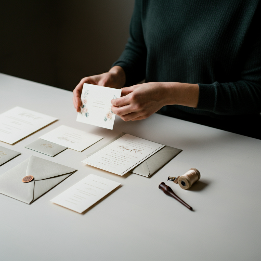 A person carefully assembling wedding invitations, placing RSVP cards and other enclosures into envelopes. A calligraphy pen rests nearby. The scene is set on a clean, white desk with soft, ambient light.