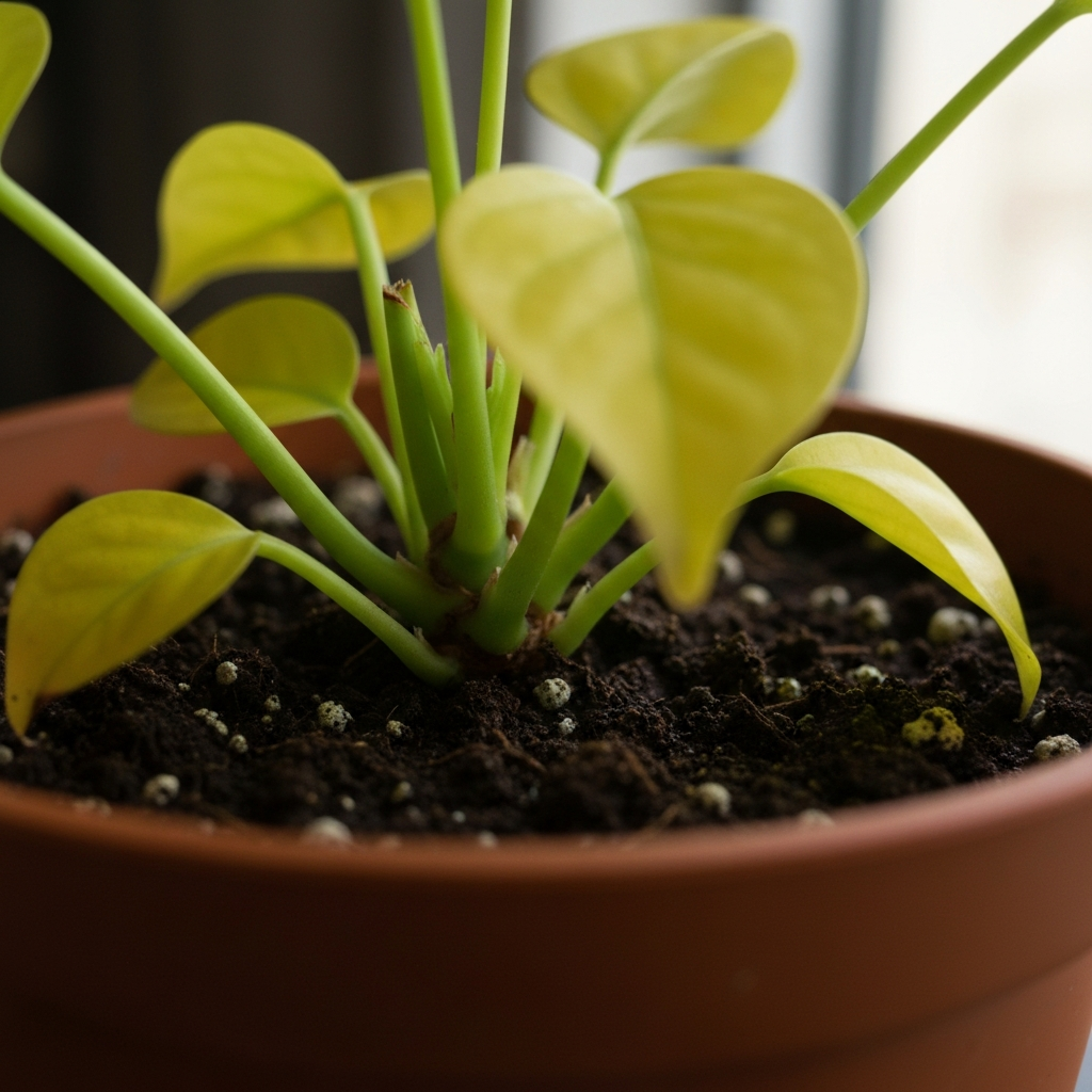 Close-up of a potted plant with yellowing leaves. Soft, diffused natural light highlights the texture of the soil, which appears overly saturated. Focus is on the soil and lower leaves.