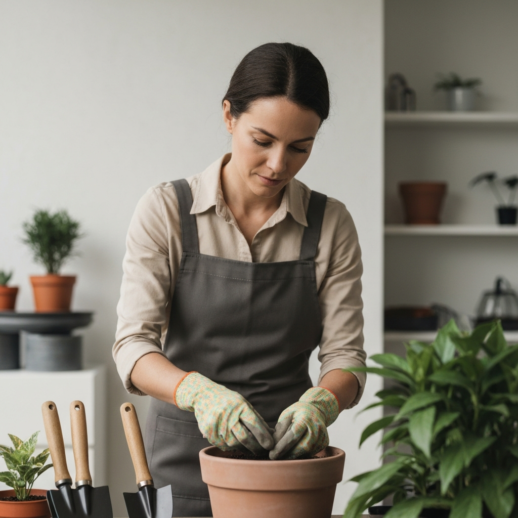 A woman in gardening gloves carefully checks the soil moisture of a potted plant. Soft focus background with various gardening tools.