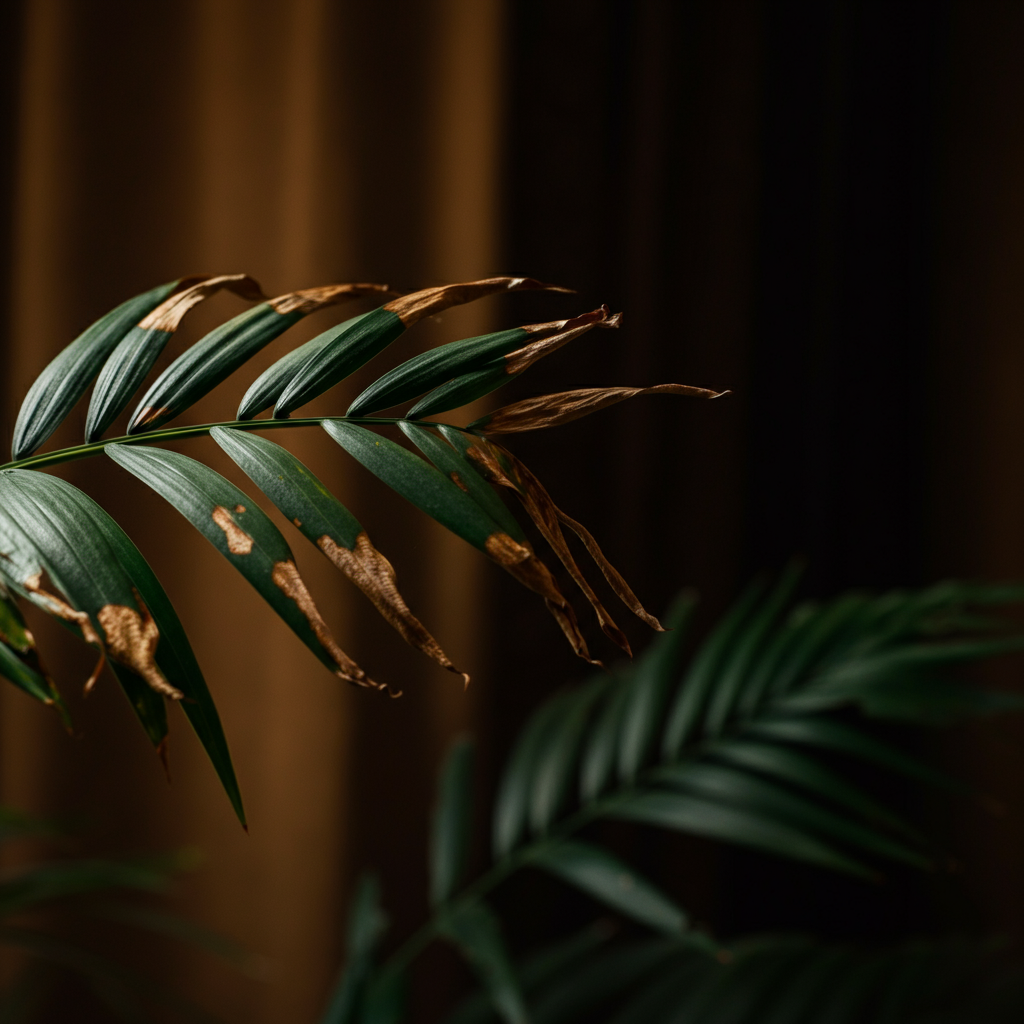 A plant with sun-scorched leaves in a bright, sunny outdoor environment. The damage on the leaves is clearly visible, with dry, bleached spots.