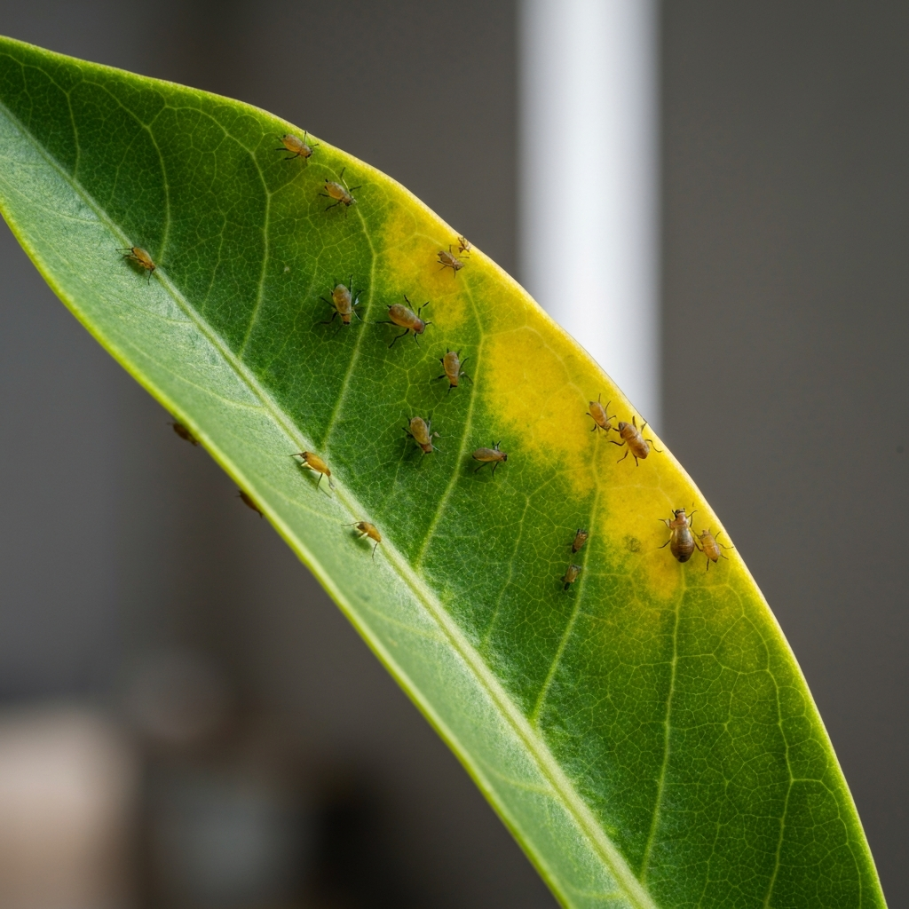 Close-up of a plant leaf infested with aphids. The insects are visible on the leaf surface, and the leaf shows signs of yellowing.