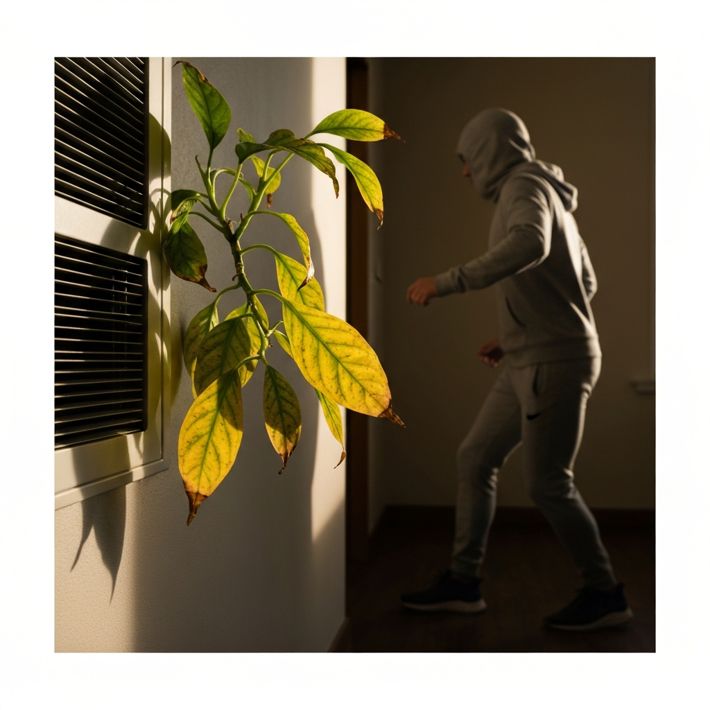 An indoor plant placed too close to an air conditioning vent. The leaves show signs of cold damage, with yellowing and browning tips.