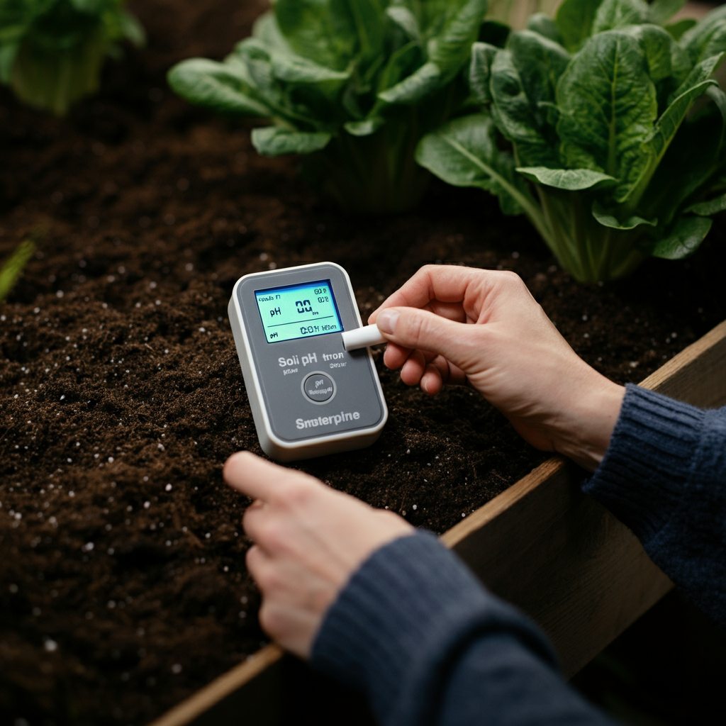 A gardener using a soil pH testing kit in their garden. The kit displays a reading, indicating the pH level of the soil.