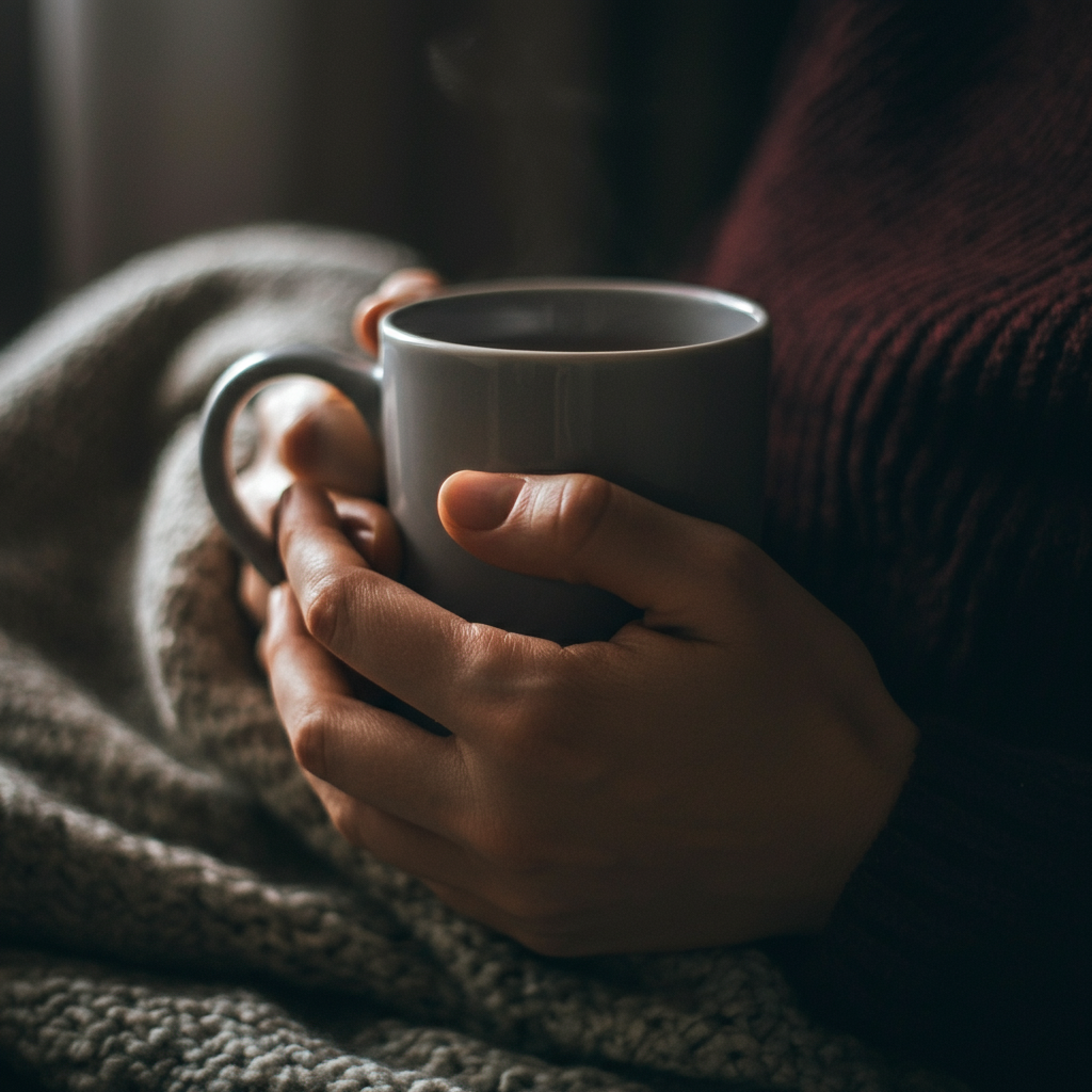 A close-up shot of a hand holding a steaming mug of tea, with a knitted blanket softly blurred in the background. Soft, diffused light coming from a nearby window.