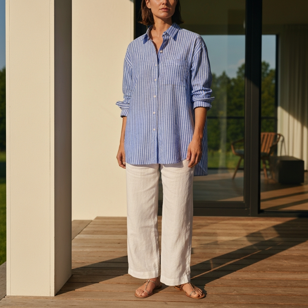A woman in a blue striped oversized button-down shirt, white linen pants, and strappy sandals, standing on a wooden porch. Golden hour lighting, highlighting the texture of the linen.