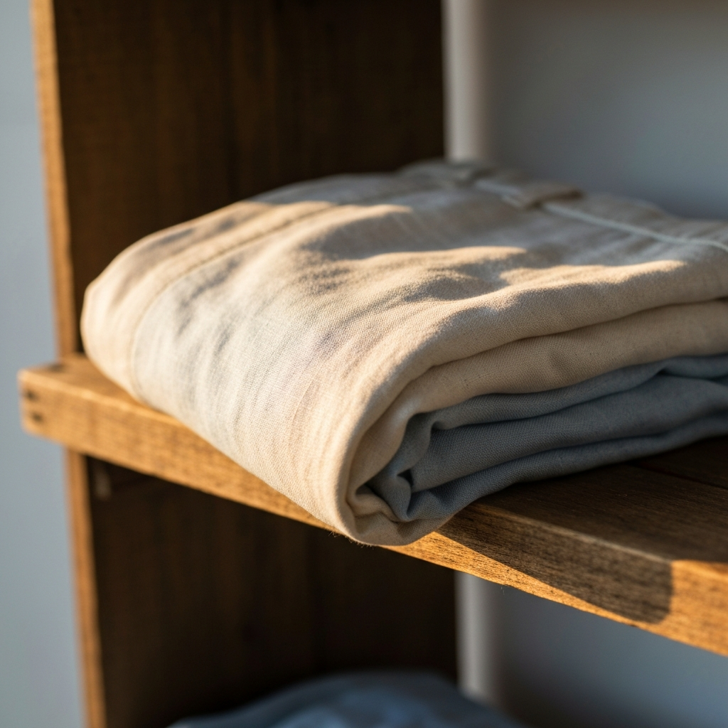 Close-up shot of folded linen pants in cream and light blue hues on a rustic wooden shelf. Soft bokeh, highlighting the delicate weave of the fabric.
