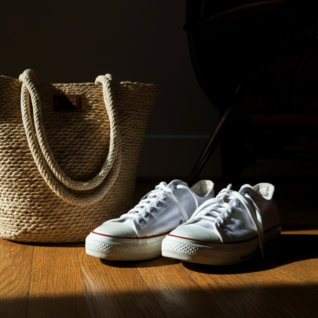 A pair of clean white sneakers placed next to a woven beach tote on a wooden floor. Natural light streaming in from a window, creating a sense of warmth.