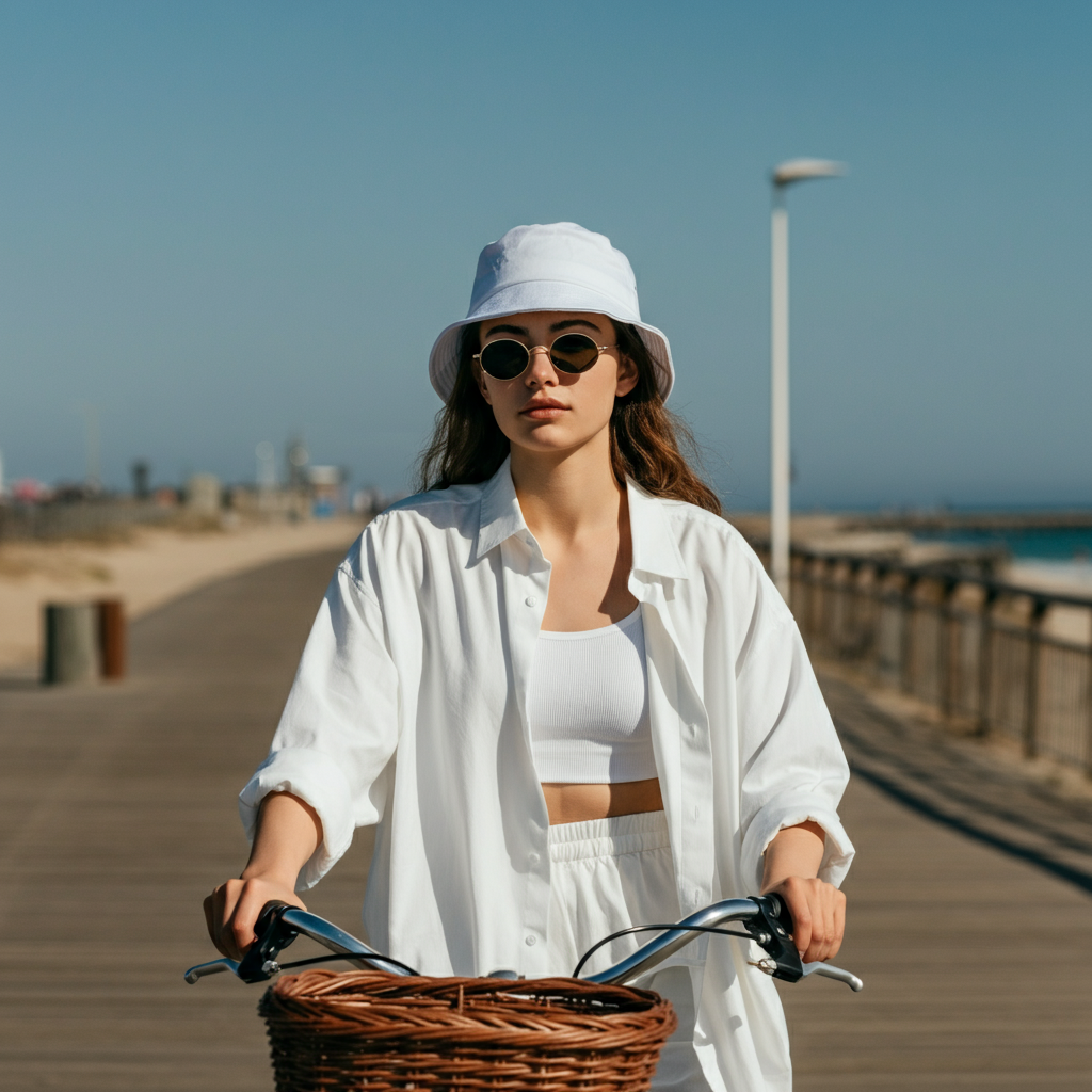 A young woman wearing a white bucket hat, sunglasses, and an oversized button-down shirt, riding a bicycle down a boardwalk. Bright sunlight, capturing the carefree energy of the scene.