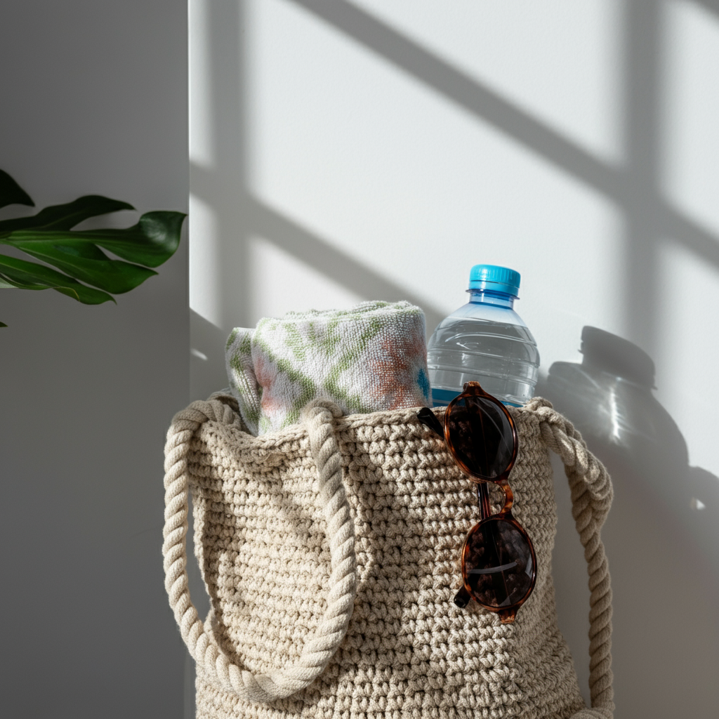 A close-up of a crochet beach tote filled with a rolled-up towel, a water bottle, and sunglasses. Side-lit texture, emphasizing the intricate details of the crochet work.