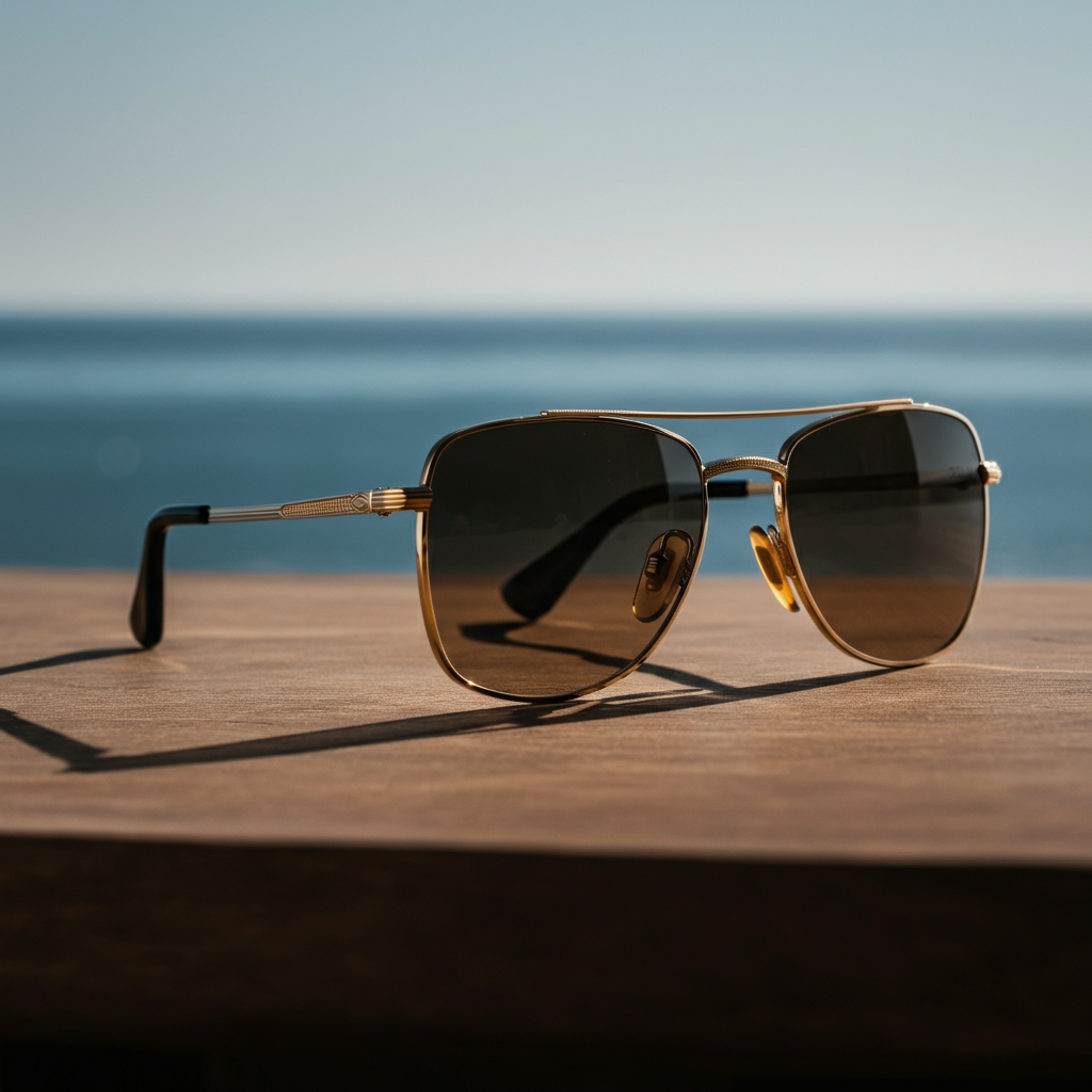 Sunglasses with gold rims on a wooden table, with the ocean blurred in the background.