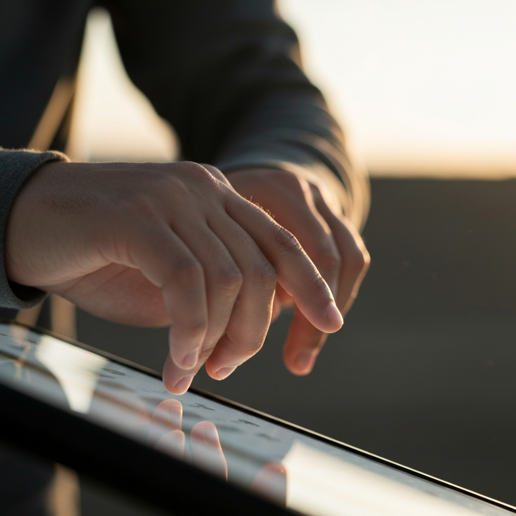 Close-up shot of a hand selecting an answer on a quiz, with the screen slightly blurred in the background. Soft, diffused light illuminates the hand and screen.