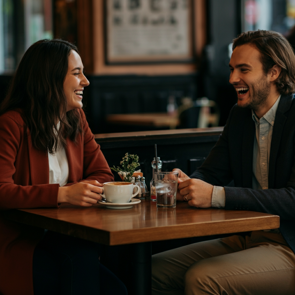 Two friends sitting at a cafe table, discussing their animal personality quiz results. They are laughing and engaged in a lively conversation. The cafe is warmly lit, with soft background chatter.