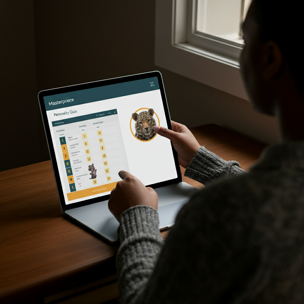 A person reviewing the results of an online personality quiz. The screen displays a scoring breakdown, showing how different answers contributed to the final animal assignment. Natural light from a nearby window illuminates the screen.