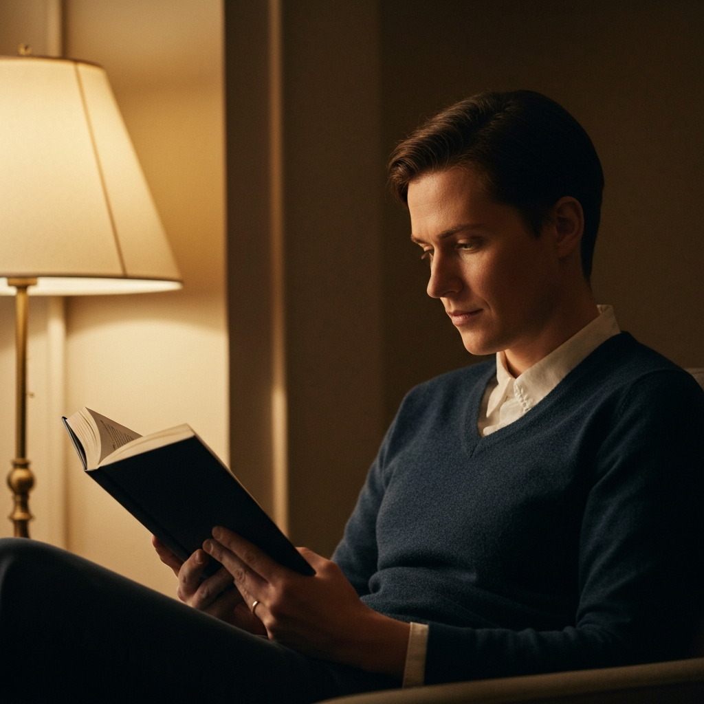A person sitting comfortably in a warmly lit room, reading a book with a contemplative expression. Soft bokeh from a nearby lamp creates a gentle atmosphere.