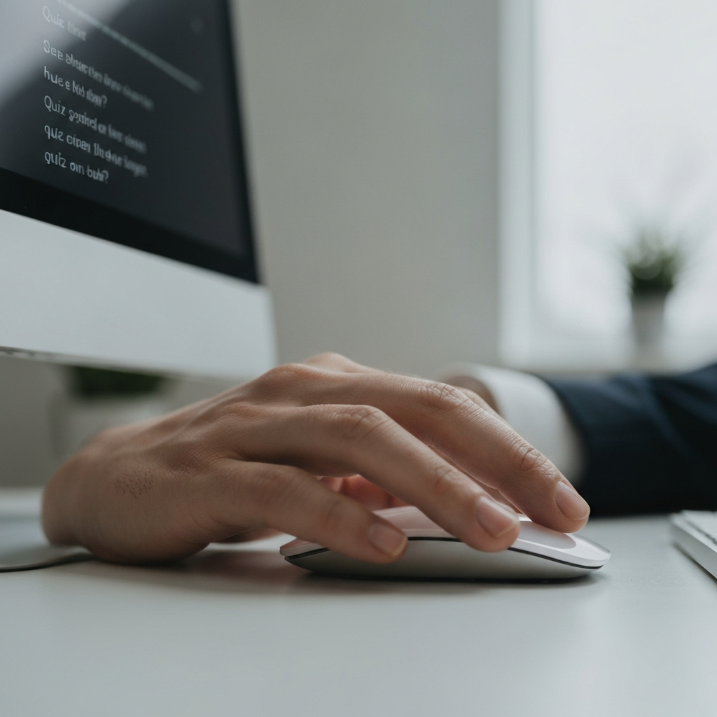 A close-up shot of a person's hand hovering over a computer mouse, with a quiz question visible on the screen. Soft, diffused light highlights the texture of the hand and the screen.