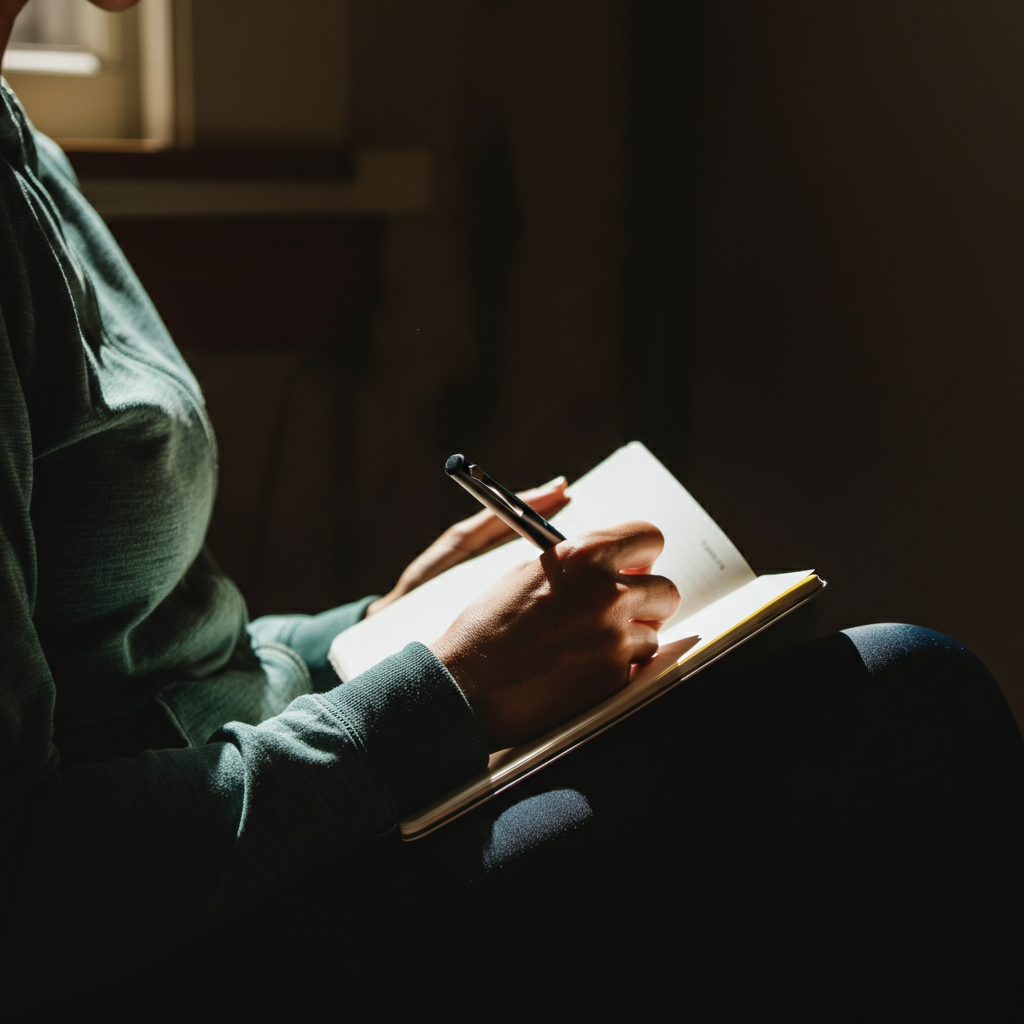 A person writing in a journal in a sunlit room, with natural light streaming through the window. The focus is on the hand holding the pen and the pages of the journal, creating a sense of introspection.