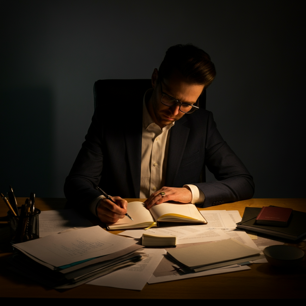 A person sitting at a desk, surrounded by papers and notebooks, deeply engrossed in thought. The lighting is warm and focused, highlighting the person's face and the work materials.