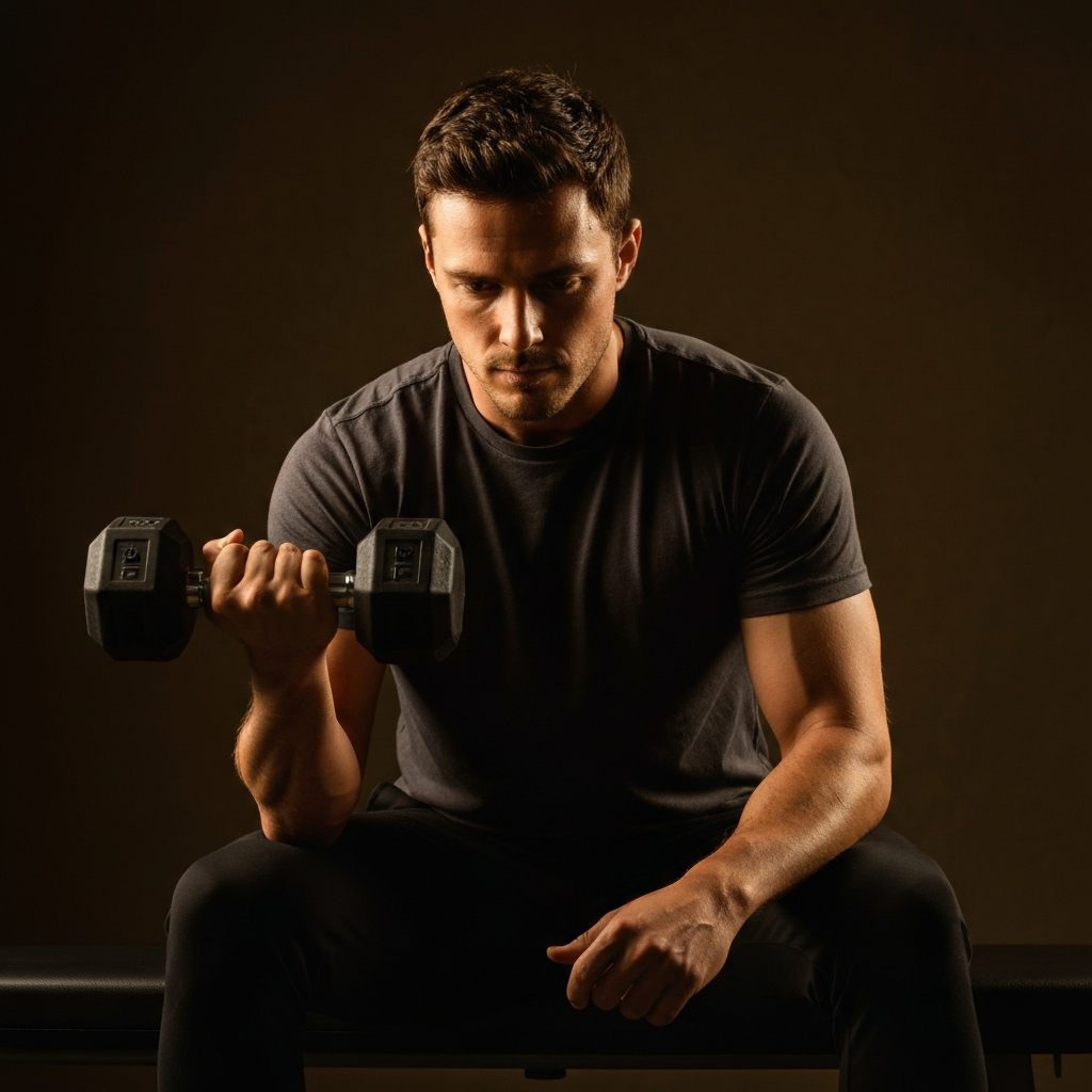 A man sitting on a bench, focusing intently on performing dumbbell curls with his left arm, while the right arm rests. The lighting is warm and even, emphasizing the focused expression on his face.