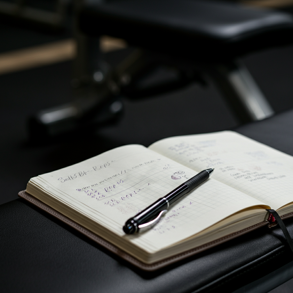 A close-up of a fitness journal lying open on a gym bench, with a pen resting on the page. The journal contains handwritten notes about sets, reps, and weights used for bicep exercises. The lighting is soft and natural, highlighting the textured paper.