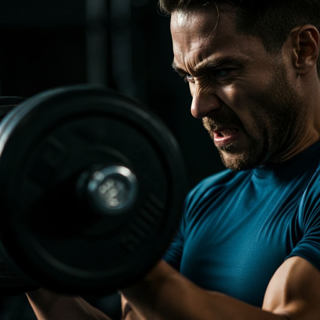 A man's face, furrowed in concentration, as he performs a bicep curl. The background is blurred, drawing attention to the intensity in his eyes and the focus on the movement. Soft, diffused lighting creates a subtle highlight on his brow.