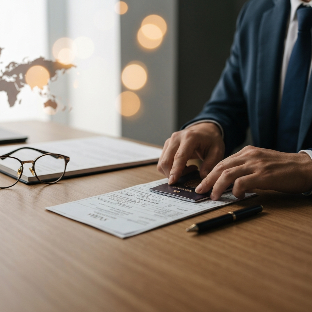 Close-up of a hand carefully placing a passport and visa application form on a well-lit wooden desk. The desk also has a pen and a pair of reading glasses. Soft bokeh background with a world map.