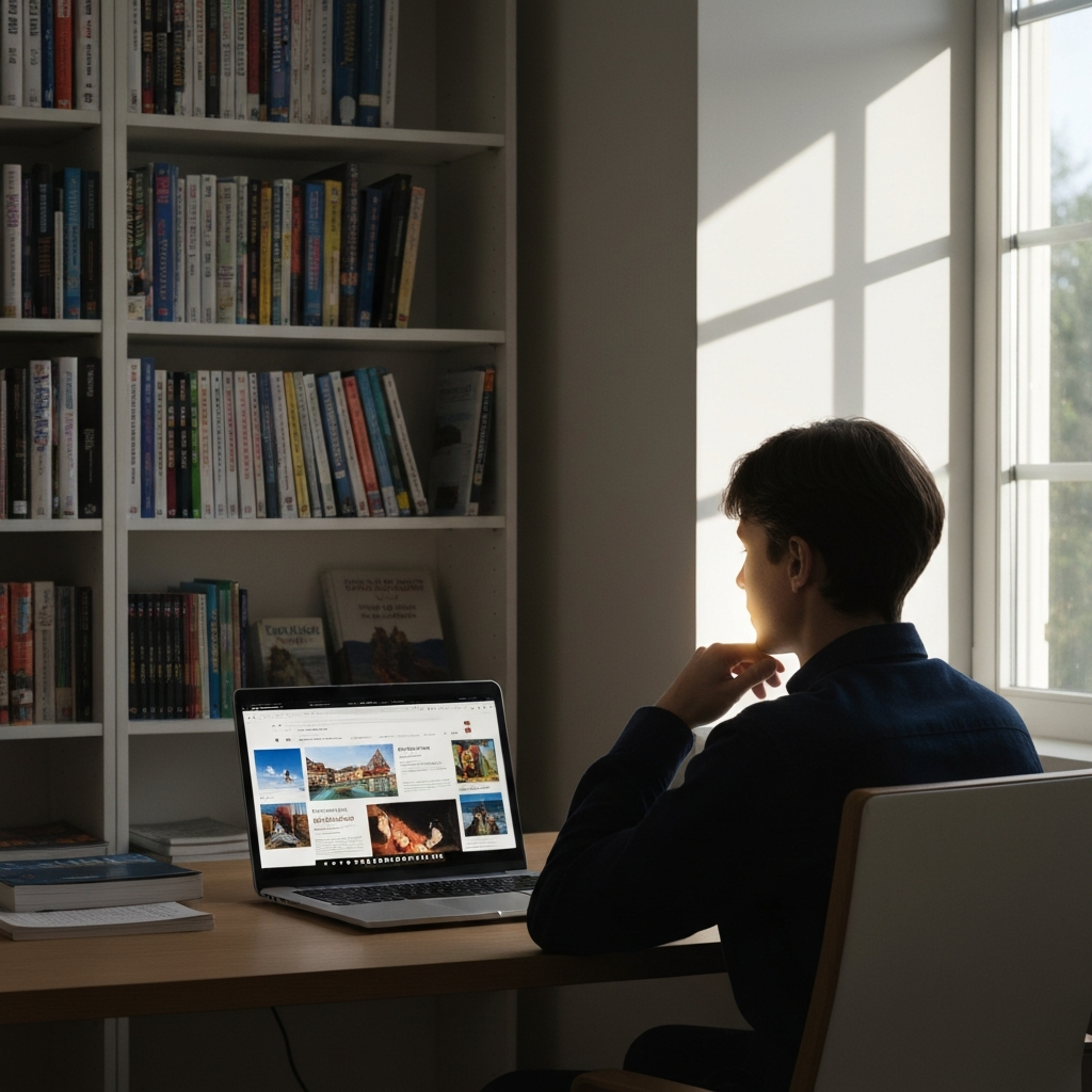 A person sitting at a desk, illuminated by soft, natural light coming through a window. Their face is lit by the glow of a laptop screen displaying a website about a foreign country. Bookshelves filled with travel guides and language learning materials are visible in the background.