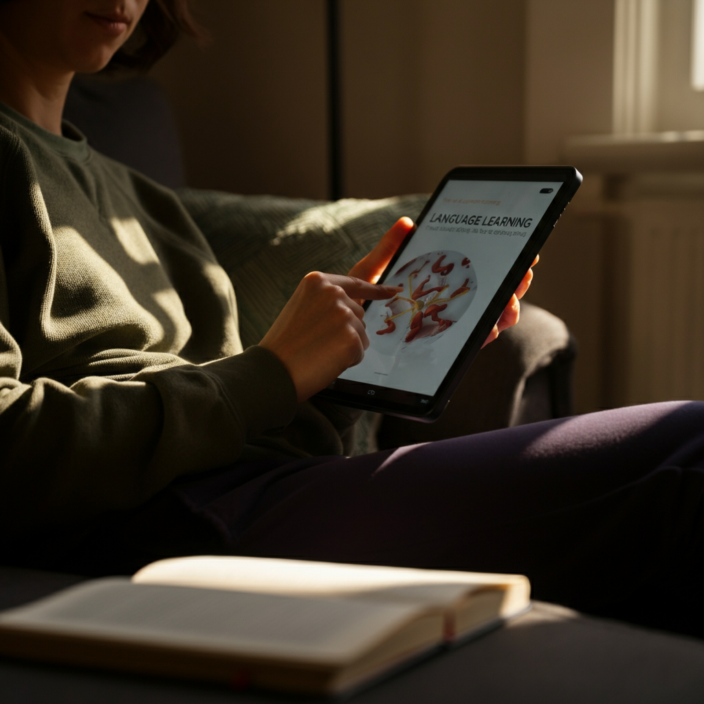 A cozy living room setting with a person sitting on a sofa, using a language learning app on a tablet. Sunlight streams through the window, highlighting the person's focused expression. A textbook and a notebook are on the coffee table in front of them.