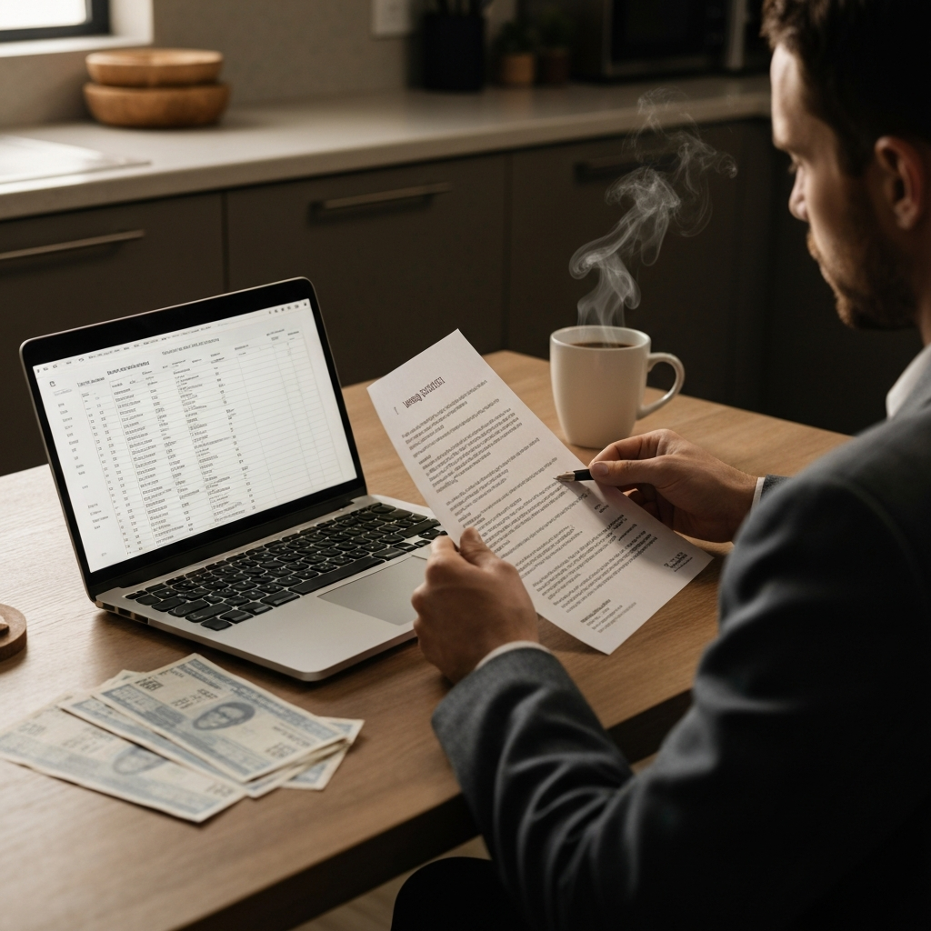 A person reviewing financial documents at a modern kitchen table. The scene is lit with warm, natural light. A laptop displaying a budgeting spreadsheet and various bills are scattered across the table. A steaming mug of coffee sits nearby.
