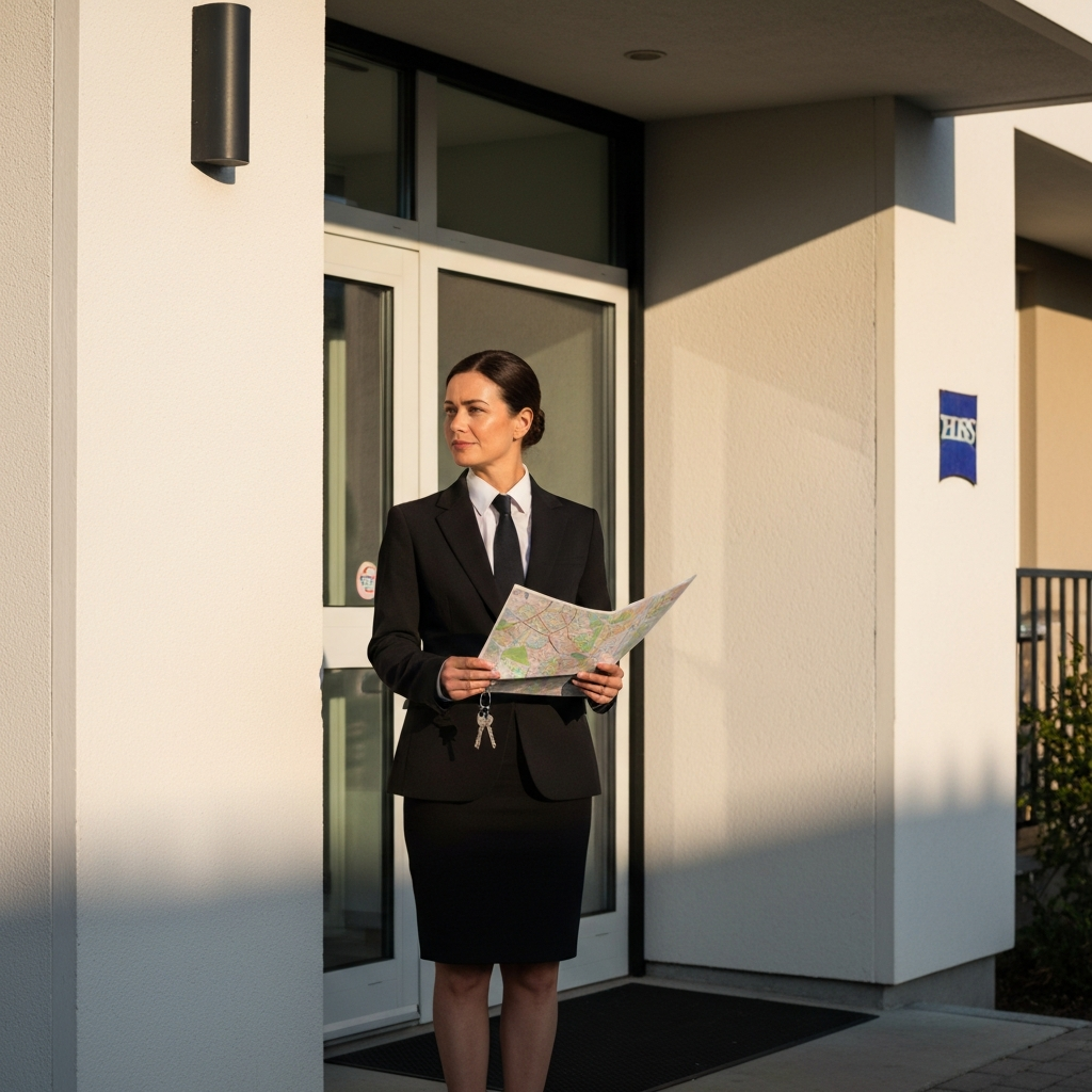 A well-dressed person standing in front of an apartment building, holding a map and a set of keys. The building has a clean, modern facade. The scene is bathed in soft, afternoon light, creating a welcoming atmosphere.