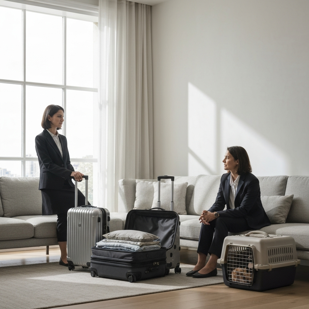 An organized living room with suitcases neatly packed and ready for travel. Soft, natural light filters through the window, illuminating the scene. A pet carrier sits in the corner, ready for a small dog or cat.