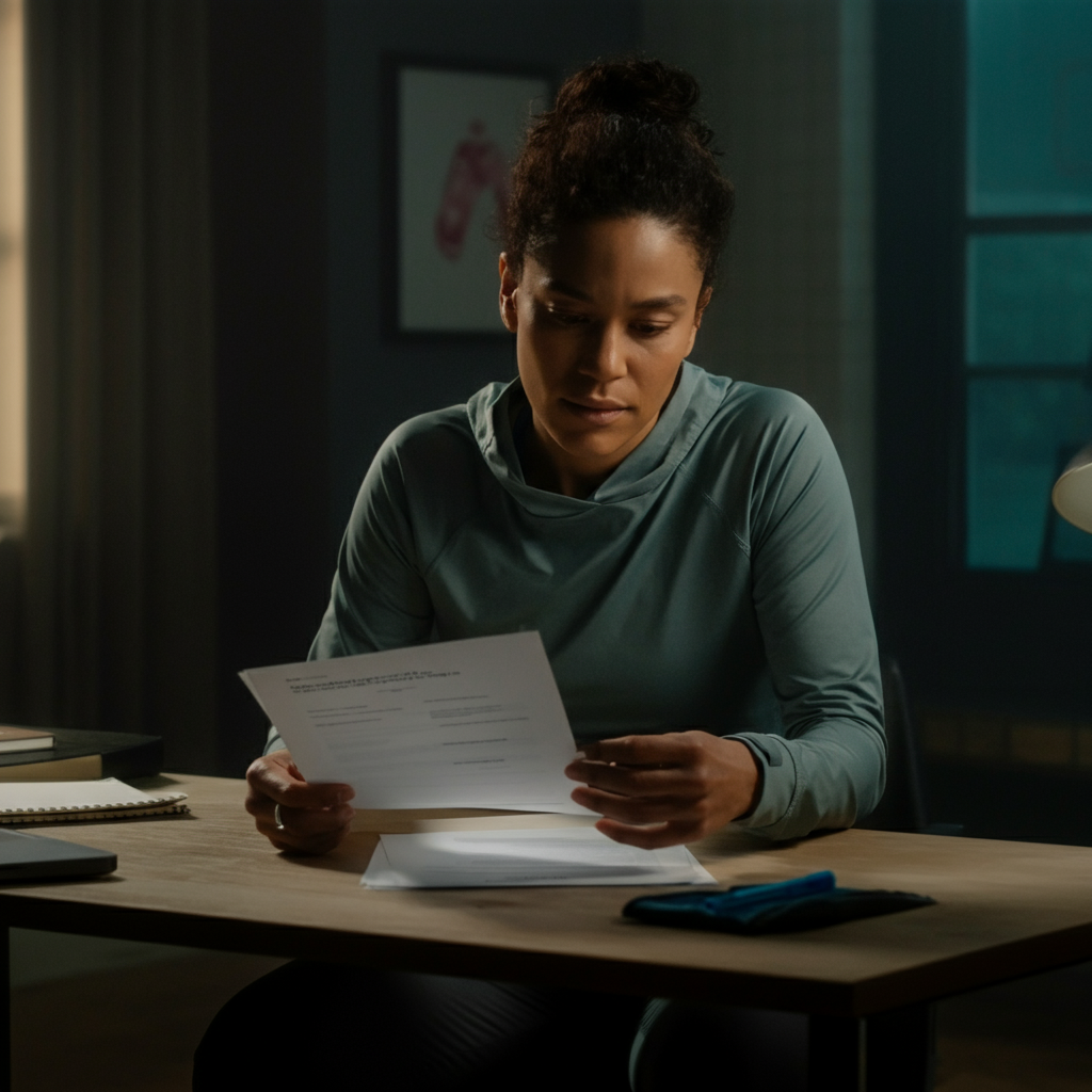 A person sitting at a desk, reviewing health insurance documents. The room is brightly lit, and a medical symbol is subtly visible in the background. The person appears calm and focused, indicating thorough preparation.