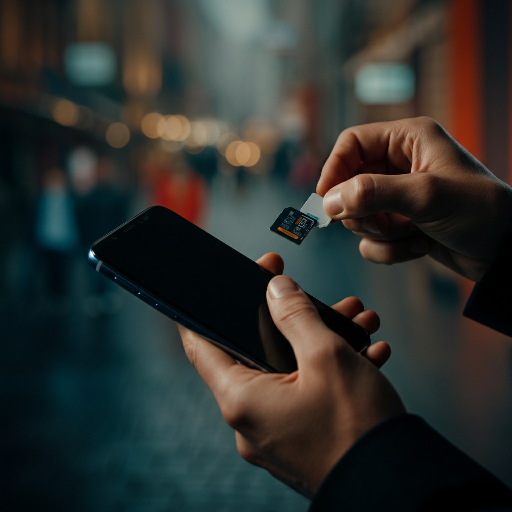 A person inserting a SIM card into a smartphone. The background is blurred, suggesting a busy street scene in a foreign city. The person's hands are well-manicured, and they are wearing professional attire.