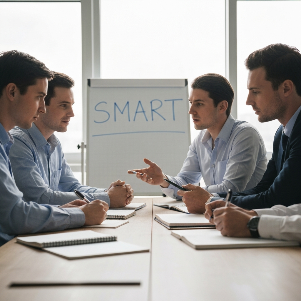A well-lit office with three professionals in business casual attire, sitting around a table covered in notepads and pens, intently discussing a whiteboard with the acronym "SMART" written on it. Soft bokeh in the background from the window light.
