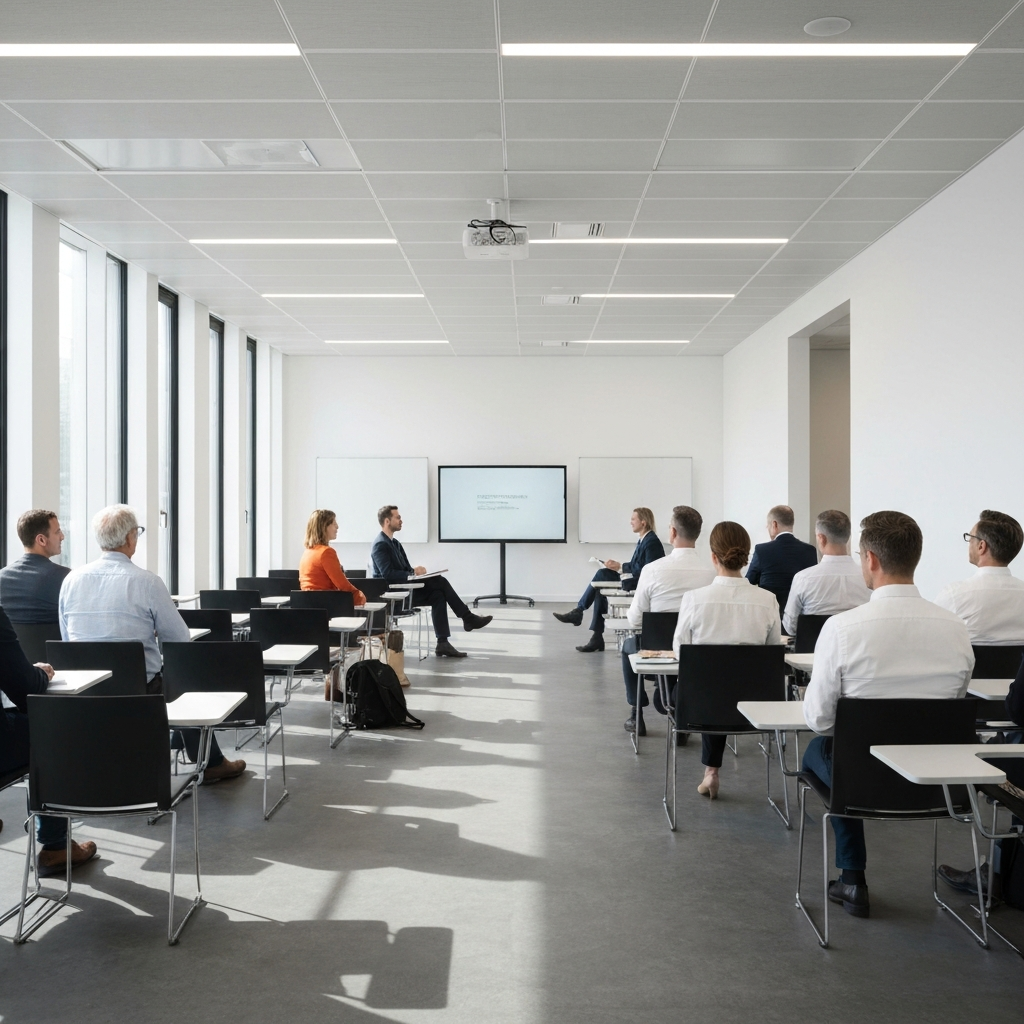 A bright, modern classroom with rows of chairs facing a screen. A diverse group of adults are seated, some taking notes, others looking at the screen. Natural daylight floods the room.
