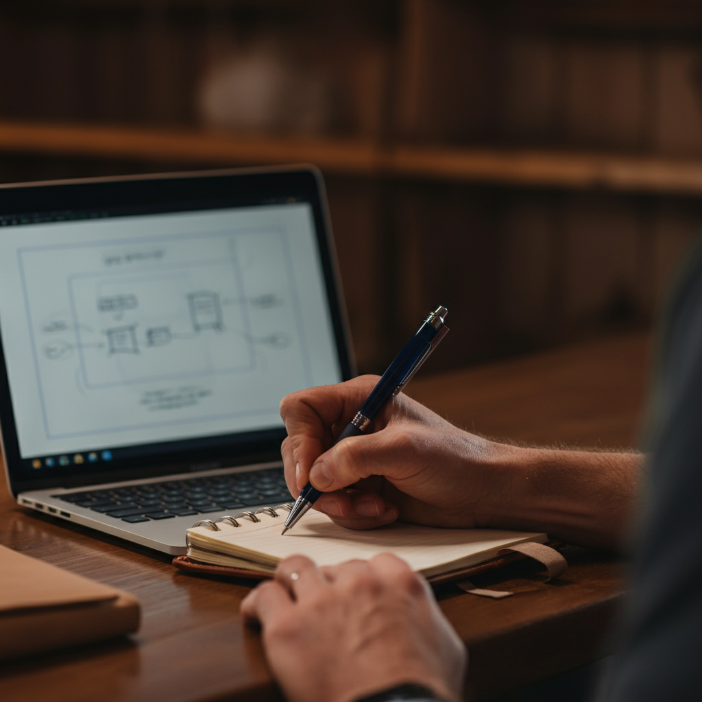 Close-up shot of a hand writing notes in a leather-bound notebook, a laptop displaying a presentation outline open in the background. Warm, diffused light illuminating the workspace.