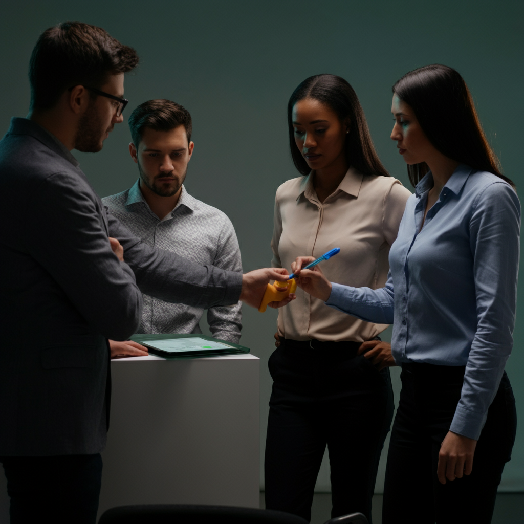 Four trainees in business casual clothing participate in a role-playing exercise. One acts as a customer, another as a salesperson, while two others observe and provide feedback. Soft, ambient lighting in the training room.