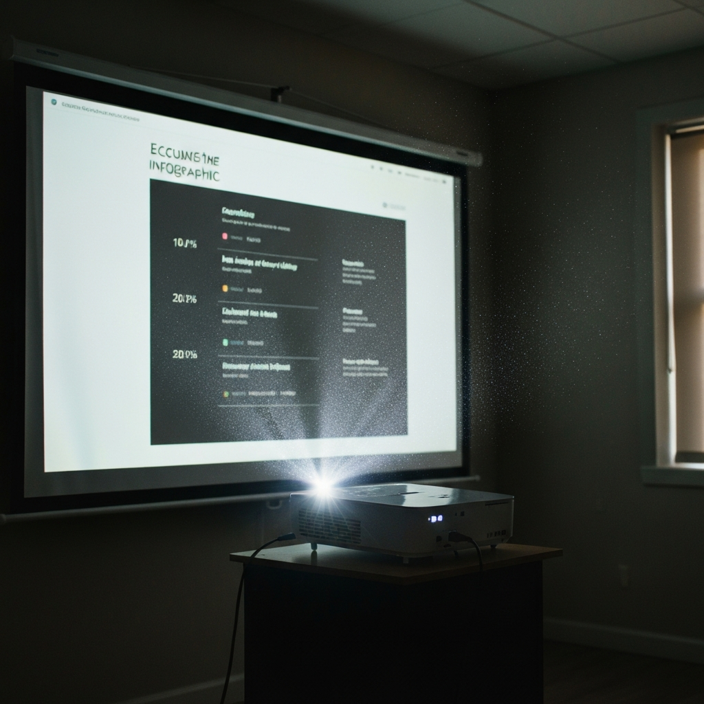 A projector displaying a clear, concise infographic on a screen in a darkened room. The projector's light illuminates the dust motes in the air, creating a sense of depth.