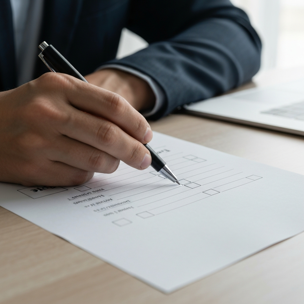 A hand filling out a feedback form at a desk. A pen rests between the fingers. The form has clear sections for rating different aspects of the training. Soft, natural side-lighting highlighting the paper's texture.