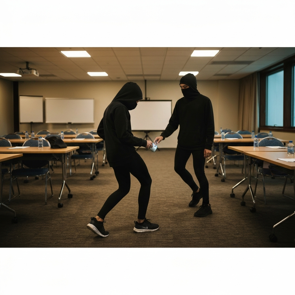 An organizer sets up a training room. Tables are neatly arranged, chairs are spaced out, and a projector is being tested. Soft overhead lighting.